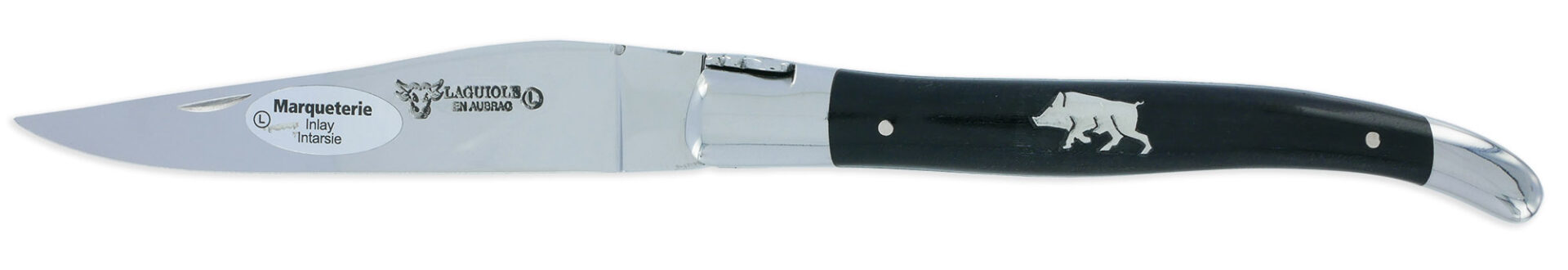 Laguiole Laguiole En Aubrac Knife 1 Piece Ebony Handle And Wild Boar Marquetry In Tin 2 Shiny Stainless Steel Bolsters 12 Cm
