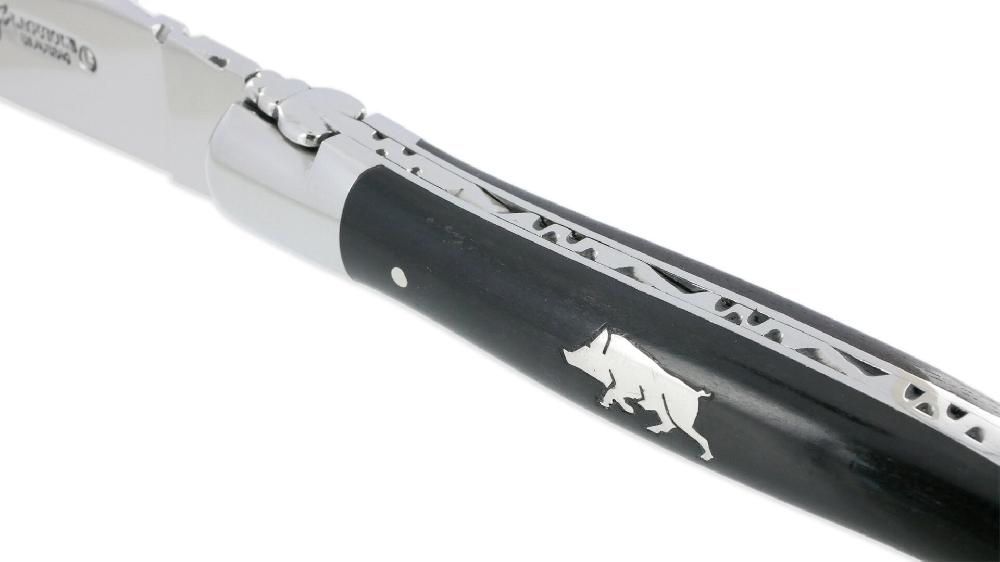 laguiole Laguiole en Aubrac Knife 1 Piece Ebony Handle and Wild Boar Marquetry in Tin 2 shiny Stainless Steel Bolsters 12 cm