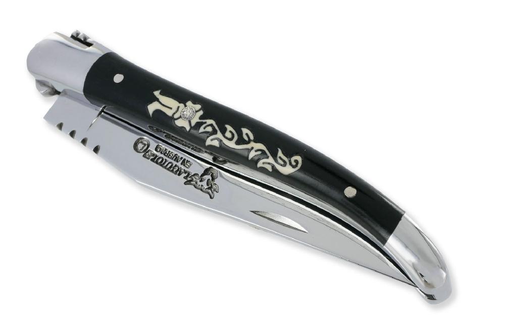 Laguiole Laguiole En Aubrac Knife 1 Piece Marquetry Ebony Handle Diamond Inlay 2 Shiny Stainless Steel Bolsters 10cm