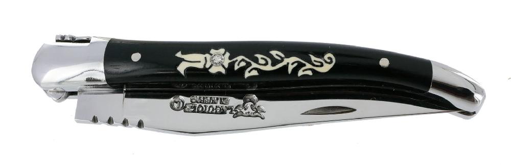 Laguiole Laguiole En Aubrac Knife 1 Piece Marquetry Ebony Handle Diamond Inlay 2 Shiny Stainless Steel Bolsters 10cm