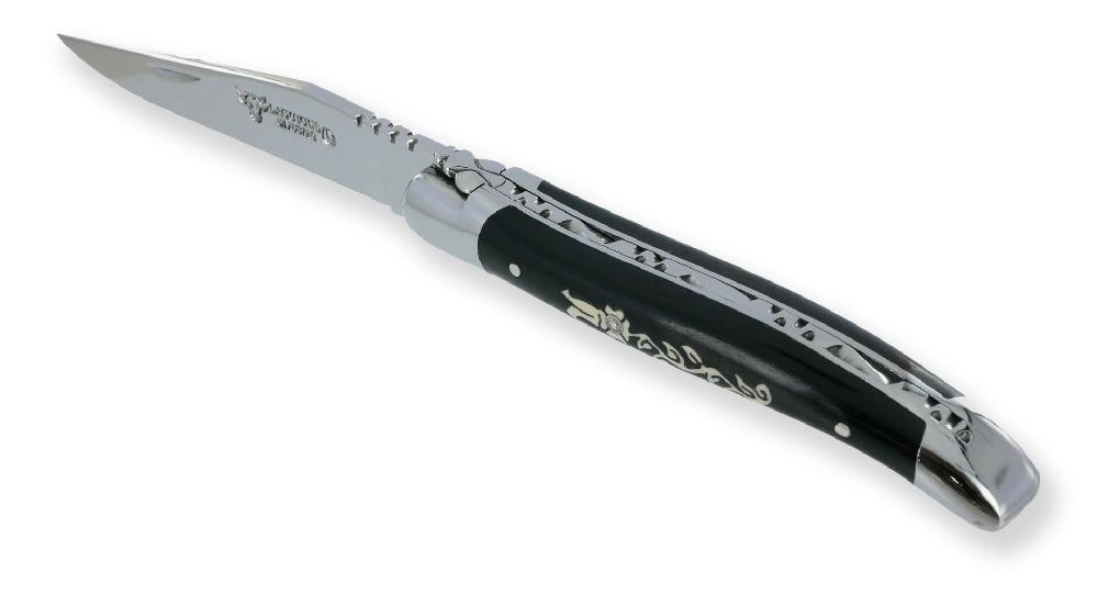 Laguiole Laguiole En Aubrac Knife 1 Piece Marquetry Ebony Handle Diamond Inlay 2 Shiny Stainless Steel Bolsters 10cm