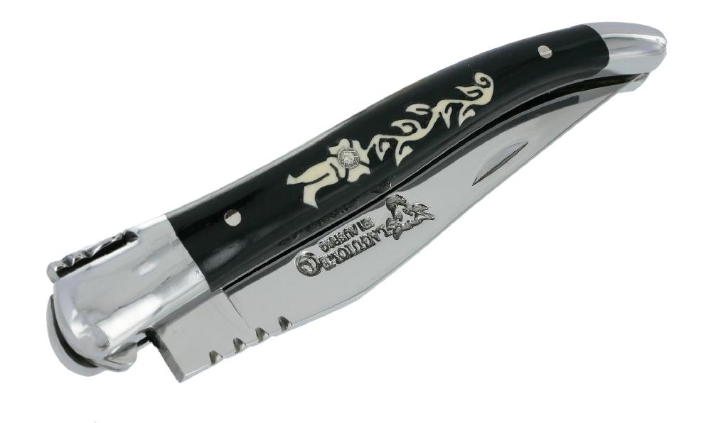 laguiole Laguiole en Aubrac knife 1 piece Marquetry Ebony handle Diamond inlay 2 Shiny Stainless Steel Bolsters 10cm