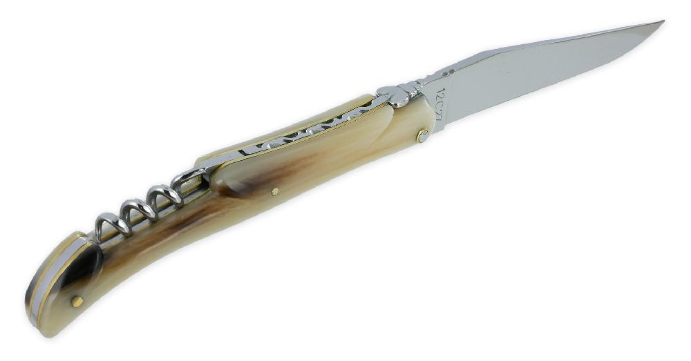 Laguiole Laguiole En Aubrac Knife 2 Pieces 12 Cm Full Horn Tip Handle With Corkscrew Plates And Brass Rivets