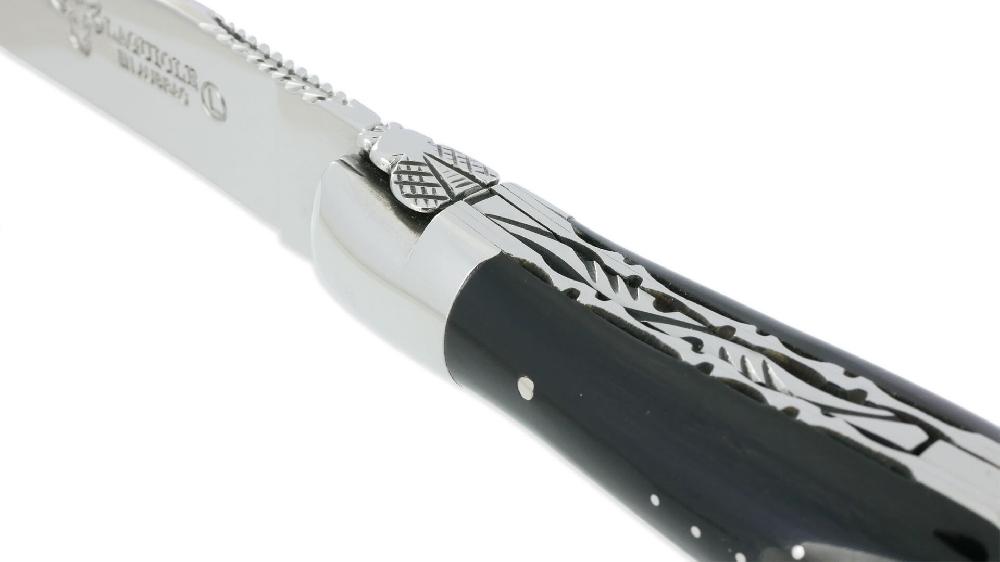 Laguiole Laguiole En Aubrac Knife 2 Pieces 12cm With Corkscrew Buffalo Handle 2 Shiny Stainless Steel Bolsters Double Plates