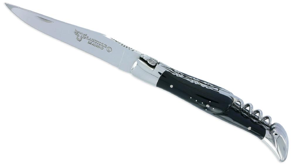 laguiole Laguiole en Aubrac knife 2 pieces 12cm with corkscrew Buffalo Handle 2 Shiny Stainless Steel Bolsters Double Plates