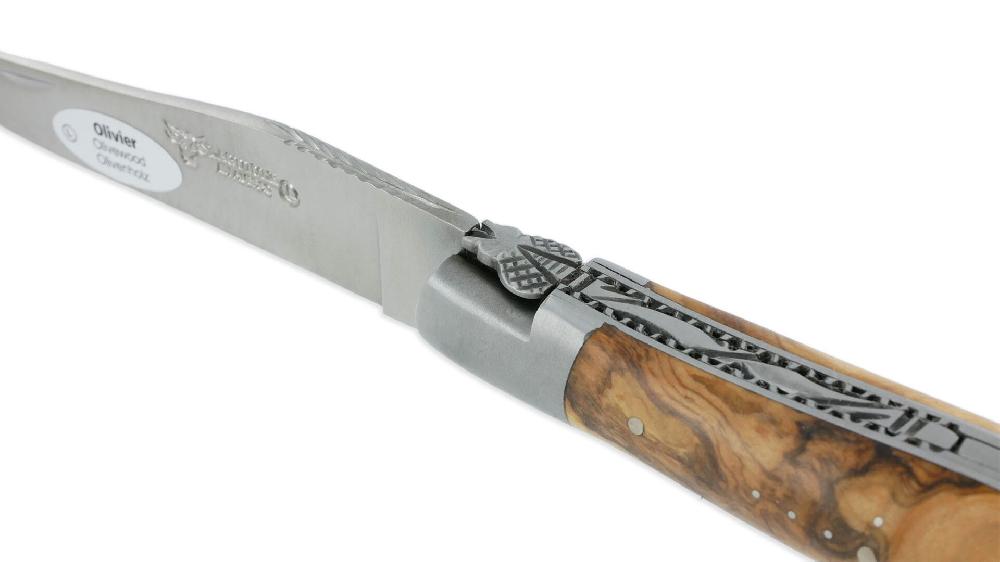 Laguiole Laguiole En Aubrac Knife 2 Pieces 12cm With Corkscrew Olivewood Handle 2 Brushed Stainless Steel Bolsters Double Plates