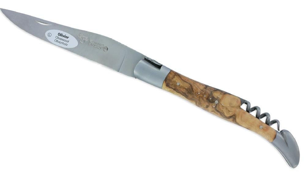 Laguiole Laguiole En Aubrac Knife 2 Pieces 12cm With Corkscrew Olivewood Handle 2 Brushed Stainless Steel Bolsters Double Plates