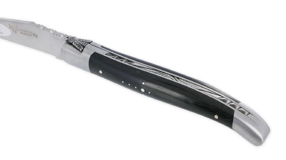 laguiole Laguiole en Aubrac knife L’Elégant 1 piece 12cm Ebony handle 2 brushed stainless steel Bolsters Carved Spring Foliage Prestige Fly