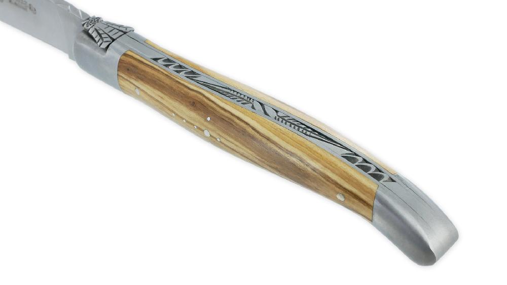 Laguiole Laguiole En Aubrac Knife L’Elégant 1 Piece 12cm Olivewood Handle 2 Brushed Stainless Steel Bolsters Carved Spring Foliage Prestige Fly