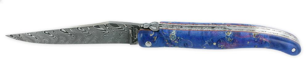 Laguiole Laguiole En Aubrac Prestige Knife 1 Piece 12 Cm Double Carved Plates And Spring Violon Blue Elderberry Burl Handle Brushed Finish Prestige Fly Damascus Blade UNIQUE PIECE