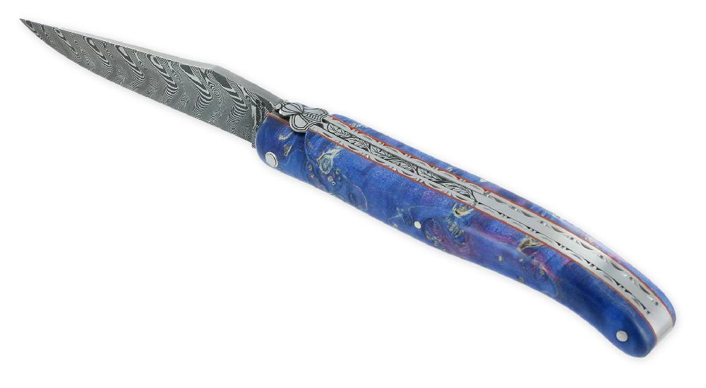 laguiole Laguiole en Aubrac Prestige Knife 1 Piece 12 cm Double Carved Plates and Spring Violon Blue Elderberry Burl Handle Brushed Finish Prestige Fly Damascus Blade UNIQUE PIECE