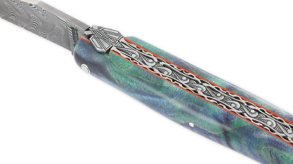 Laguiole Laguiole En Aubrac Prestige Knife 1 Piece 12 Cm Double Guilloché Plates And Spring Green And Blue Elderberry Burl Handle Brushed Finish Prestige Fly Damascus Blade UNIQUE PIECE