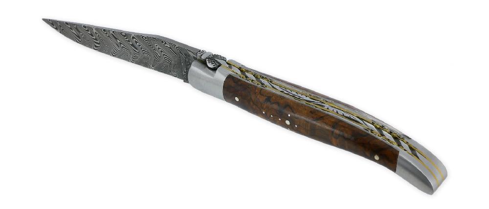 laguiole Laguiole en Aubrac Prestige knife 1 piece 12 cm Double plates brass and stainless steel handcarved Spring Ironwood Burl handle Brushed finish Damascus Blade UNIQUE PIECE