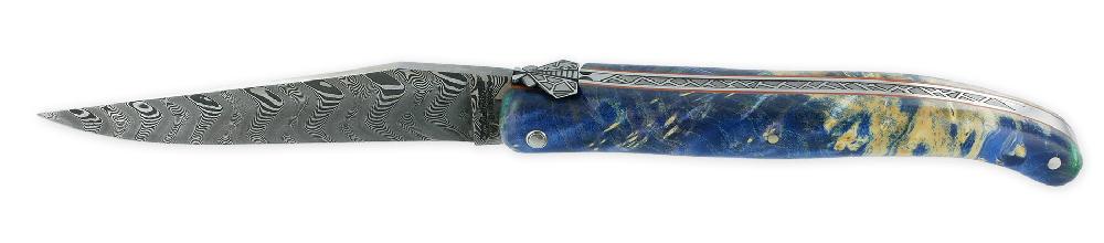 Laguiole Laguiole En Aubrac Prestige Knife 1 Piece 12 Cm Handcarved Spring Blue Elderberry Burl Handle Brushed Finish Prestige Fly Damascus Blade UNIQUE PIECE