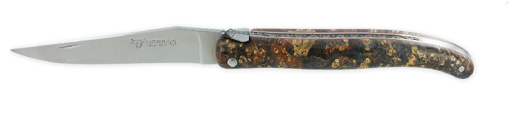 Laguiole Laguiole En Aubrac Prestige Knife 1 Piece 12 Cm Handcarved Spring Elderberry Burl Handle Brushed Finish Prestige Fly UNIQUE PIECE