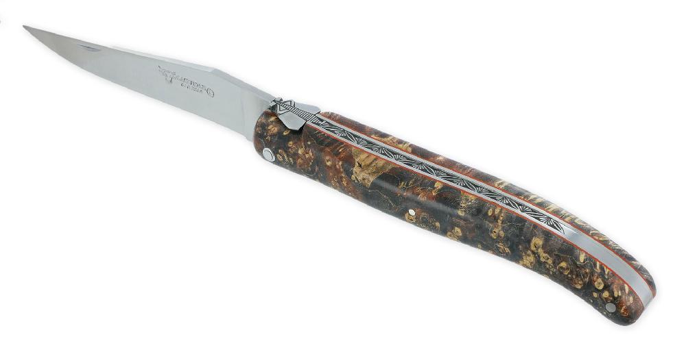 laguiole Laguiole en Aubrac Prestige Knife 1 Piece 12 cm Handcarved Spring Elderberry Burl Handle Brushed Finish Prestige Fly UNIQUE PIECE