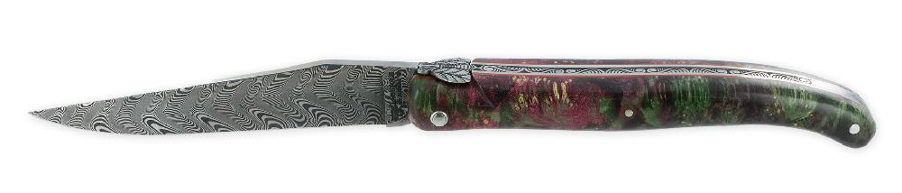 Laguiole Laguiole En Aubrac Prestige Knife 1 Piece 12 Cm Handcarved Spring Purple Green Elderberry Burl Handle Brushed Finish Prestige Fly Damascus Blade UNIQUE PIECE