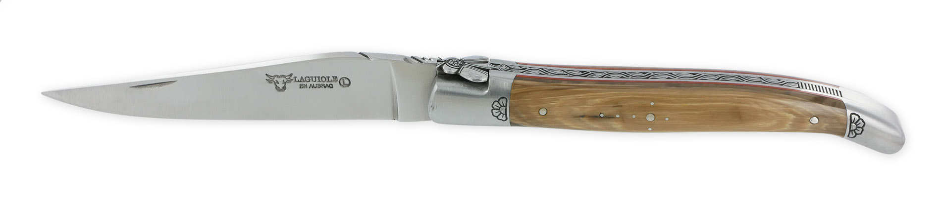 Laguiole Laguiole En Aubrac Prestige Knife 1 Piece 12cm Mammoth Ivory Handle 2 Brushed Stainless Steel Bolsters Engraved Finely Chiseled Flower Fly Pattern Red Spacer Finely Carved Spring Unique Piece