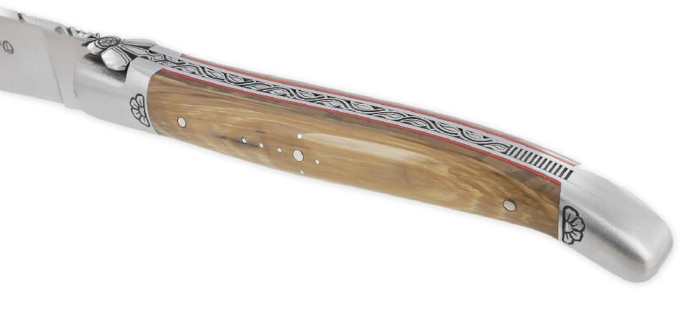 Laguiole Laguiole En Aubrac Prestige Knife 1 Piece 12cm Mammoth Ivory Handle 2 Brushed Stainless Steel Bolsters Engraved Finely Chiseled Flower Fly Pattern Red Spacer Finely Carved Spring Unique Piece