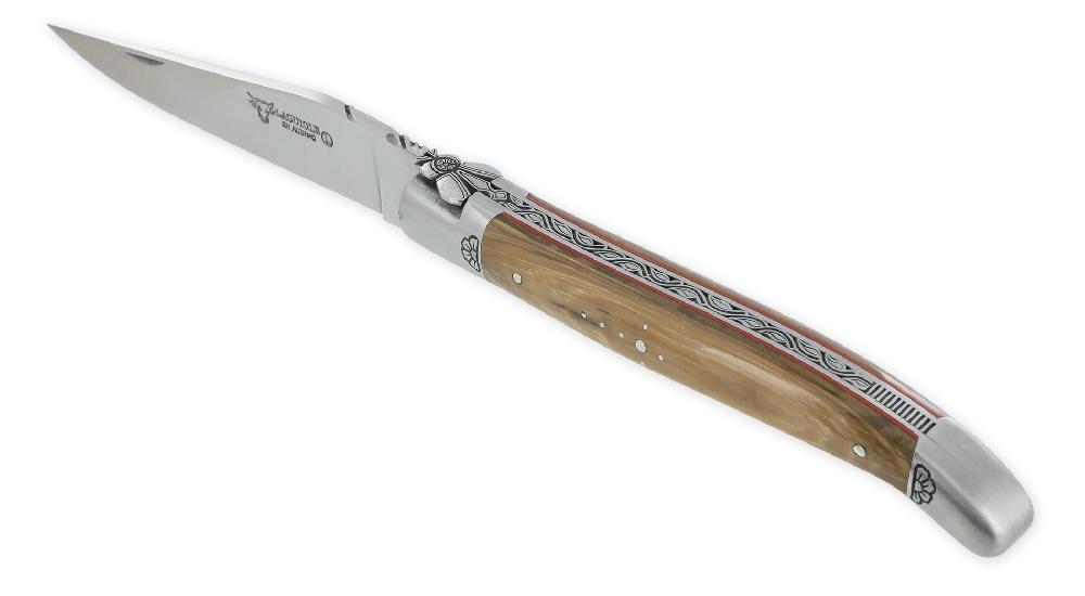 laguiole Laguiole en Aubrac Prestige Knife 1 piece 12cm Mammoth Ivory Handle 2 Brushed Stainless Steel Bolsters Engraved Finely Chiseled Flower Fly Pattern Red Spacer Finely carved Spring Unique Piece