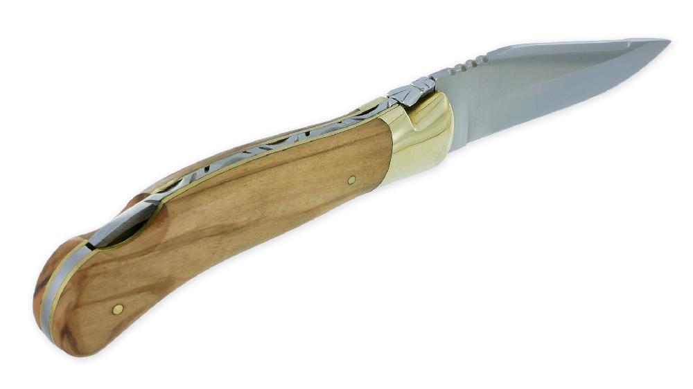 Laguiole Laguiole Hunting Knife Arbalète Olivewood Handle Front Bolster And Plates Bright Finish Brass 12cm