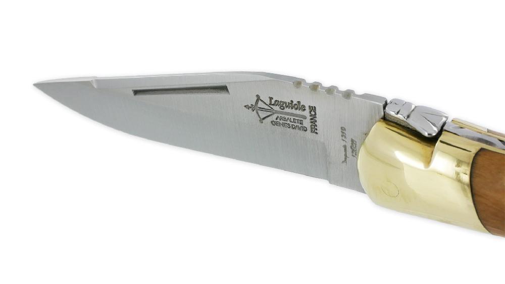 Laguiole Laguiole Hunting Knife Arbalète Olivewood Handle Front Bolster And Plates Bright Finish Brass 12cm