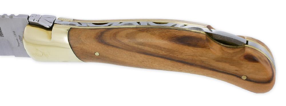 Laguiole Laguiole Hunting Knife Arbalète Olivewood Handle Front Bolster And Plates Bright Finish Brass 12cm