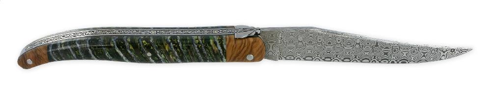 Laguiole Laguiole Prestige Designer Knife 1 Piece 12 Cm 2 Olive Bolsters Mammoth Molar Handle Stylized Prestige Fly Hand Engraved Chiseled Spring Damascus Blade Unique Piece