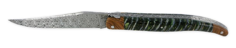 Laguiole Laguiole Prestige Designer Knife 1 Piece 12 Cm 2 Olive Bolsters Mammoth Molar Handle Stylized Prestige Fly Hand Engraved Chiseled Spring Damascus Blade Unique Piece