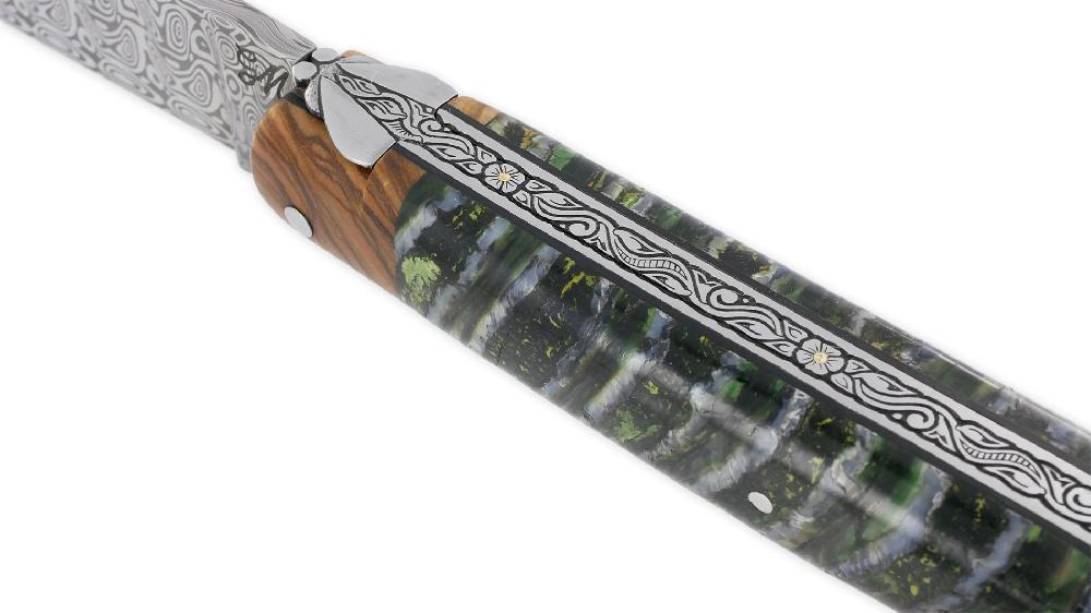 Laguiole Laguiole Prestige Designer Knife 1 Piece 12 Cm 2 Olive Bolsters Mammoth Molar Handle Stylized Prestige Fly Hand Engraved Chiseled Spring Damascus Blade Unique Piece