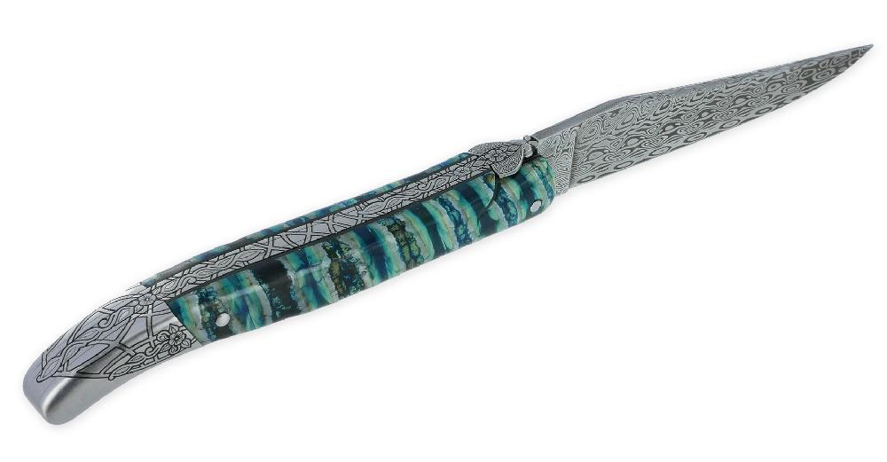 Laguiole Laguiole Prestige Designer Knife 1 Piece 12 Cm Rear Bolster Turquoise Mammoth Molar Handle Damascus Blade Unique Piece