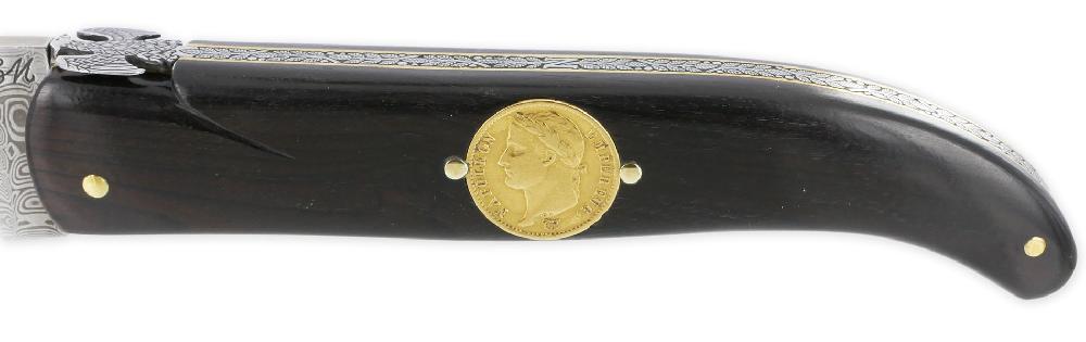 Laguiole Prestige Designer Laguiole Knife 1 Piece 15 Cm Napoleon GOLD Coin Inlay Ebony Handle Damascus Blade Prestige Imperial Eagle Fly Unique Piece