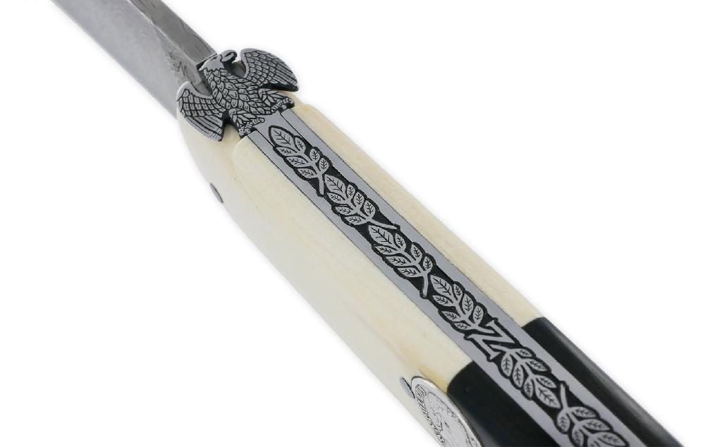 laguiole Prestige Designer Laguiole Knife 1 Piece 15 cm Napoleon Coin Inlay Full Mammoth and Ebony Bi Handle Damascus Blade Prestige Imperial Eagle Fly Unique Piece-Ivory Material