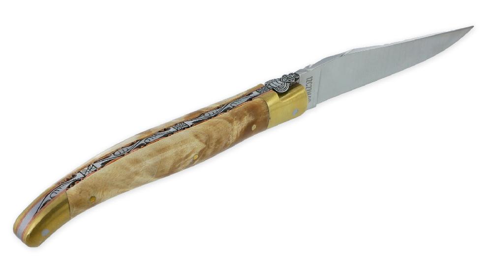 Laguiole Prestige Folding Knife Laguiole En Aubrac Le Bijou Poplar Fork Handle 2 Golden Brass Bolsters Copper Plates Prestige Fly UNIQUE PIECE