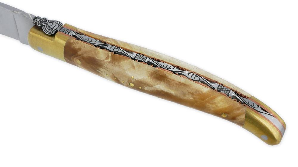 Laguiole Prestige Folding Knife Laguiole En Aubrac Le Bijou Poplar Fork Handle 2 Golden Brass Bolsters Copper Plates Prestige Fly UNIQUE PIECE