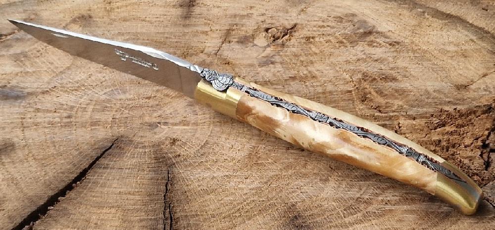 laguiole Prestige folding knife Laguiole en Aubrac Le Bijou Poplar Fork handle 2 golden brass bolsters Copper plates Prestige fly UNIQUE PIECE