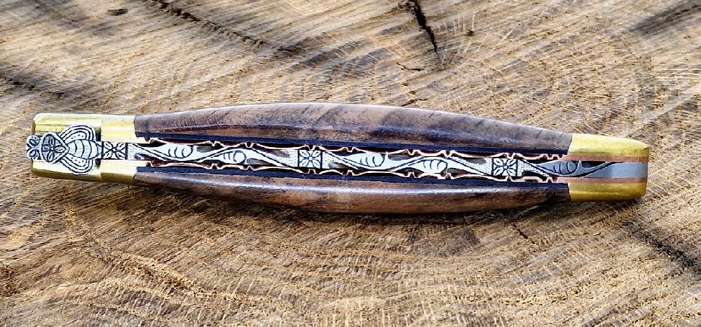 Laguiole Prestige Folding Knife Laguiole En Aubrac Le Bijou Walnut Burr Handle 2 Golden Brass Bolsters Copper Plates Prestige Fly UNIQUE PIECE