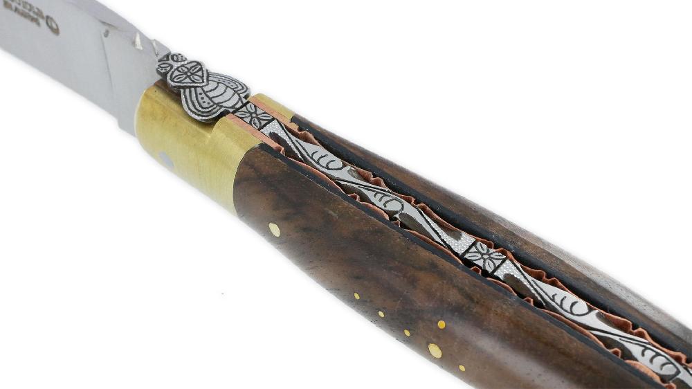 Laguiole Prestige Folding Knife Laguiole En Aubrac Le Bijou Walnut Burr Handle 2 Golden Brass Bolsters Copper Plates Prestige Fly UNIQUE PIECE