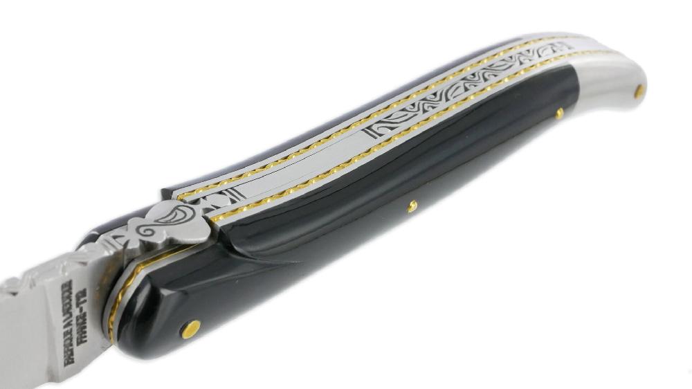 Laguiole Prestige Forge De Laguiole Rambaud Knife Handle In Black Horn Triple Plates 1 Back Stainless Steel Bolster