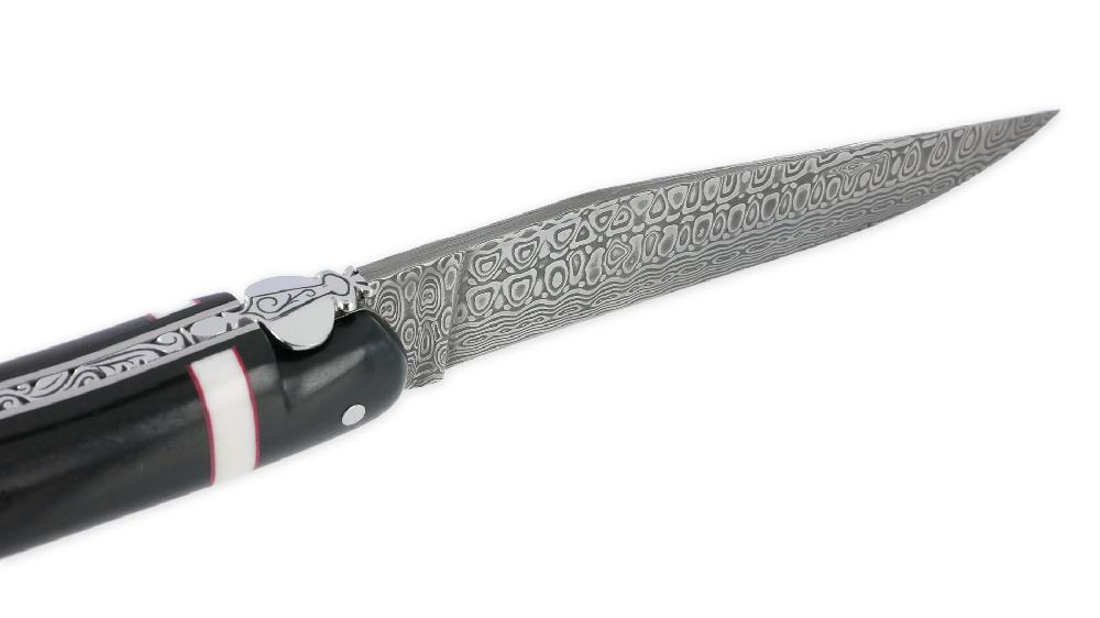 Laguiole Prestige Knife Forge De Laguiole Rambaud Ebony Full Handle Bone And Red Ring Inserts Damascus Blade