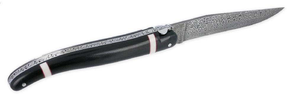 Laguiole Prestige Knife Forge De Laguiole Rambaud Ebony Full Handle Bone And Red Ring Inserts Damascus Blade