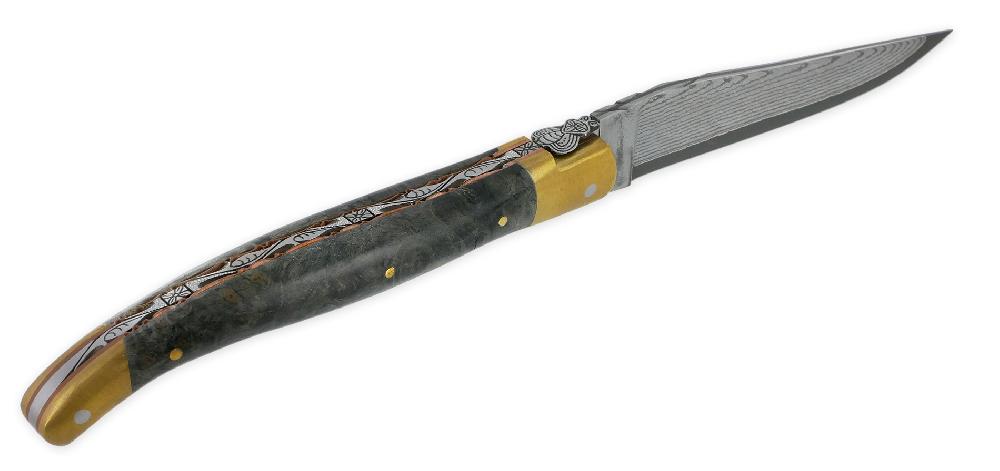Laguiole Prestige Laguiole En Aubrac Le Bijou Folding Knife Blackened Poplar Burl Handle 2 Golden Brass Bolsters Copper Plates Prestige Fly UNIQUE PIECE
