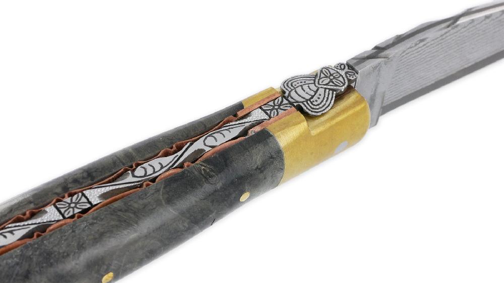 Laguiole Prestige Laguiole En Aubrac Le Bijou Folding Knife Blackened Poplar Burl Handle 2 Golden Brass Bolsters Copper Plates Prestige Fly UNIQUE PIECE