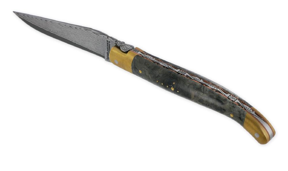 laguiole Prestige Laguiole en Aubrac Le Bijou folding knife Blackened poplar burl handle 2 golden brass bolsters Copper plates Prestige fly UNIQUE PIECE