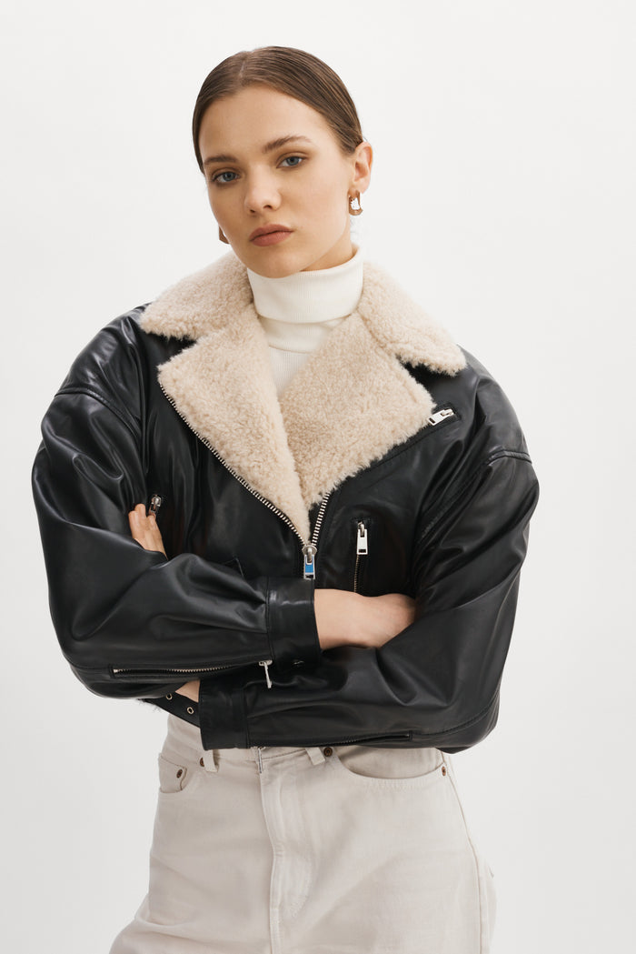 Lamarque DYLAN | Blouson Motard En Cuir Style 80s Col Sherpa