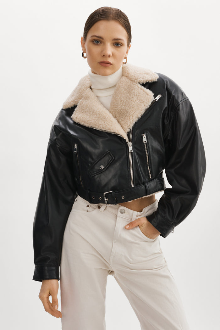 Lamarque DYLAN | Blouson Motard En Cuir Style 80s Col Sherpa