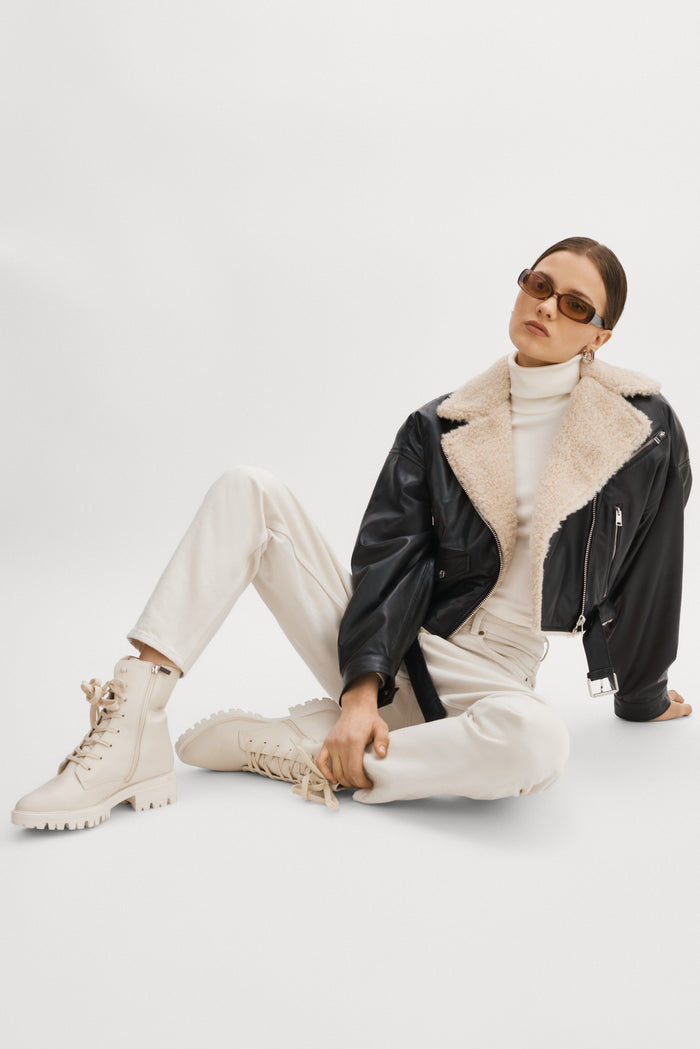 Lamarque DYLAN | Blouson Motard En Cuir Style 80s Col Sherpa