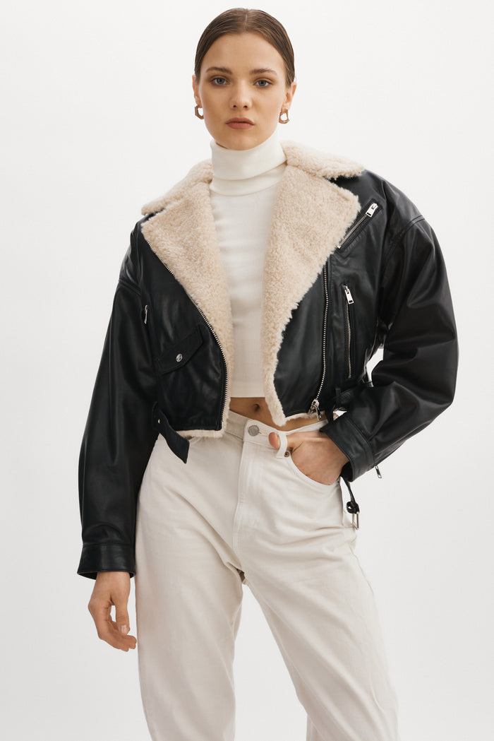 Lamarque DYLAN | Blouson motard en cuir style 80s col sherpa