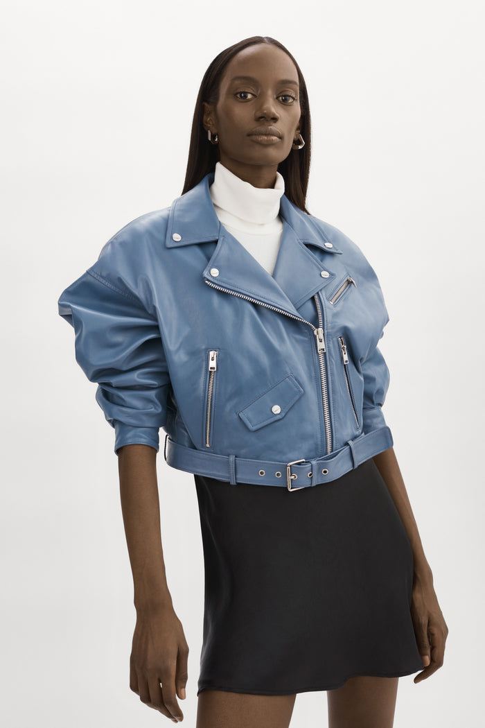 Lamarque DYLAN Veste Moto Raccourcie En Cuir Fauve Avec épaules Matelassé