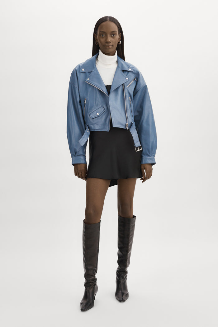 Lamarque DYLAN Veste Moto Raccourcie En Cuir Fauve Avec épaules Matelassé